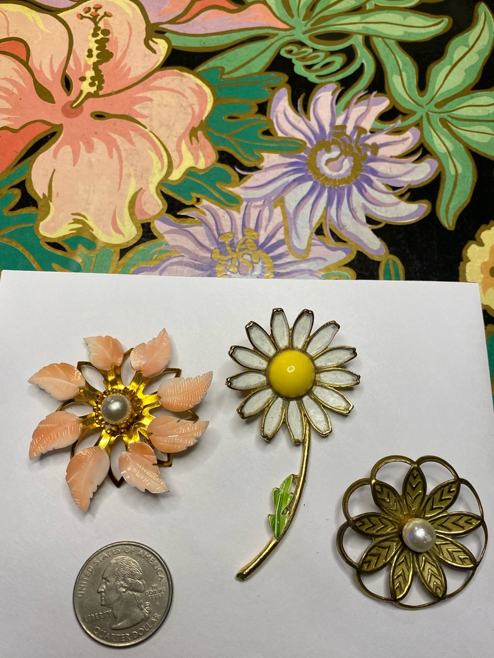 Vintage Floral Brooch Trio - Peach, Yellow, Gold